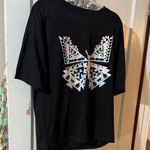 Black Short Sleeve Tee with Holographic Butterfly